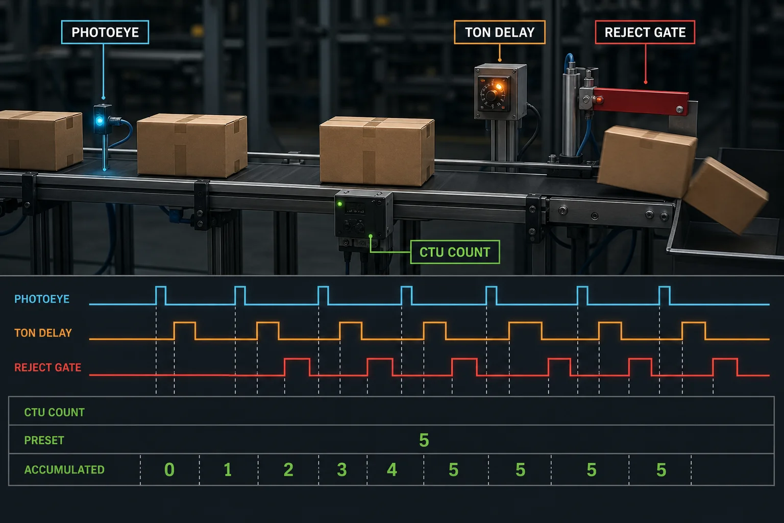 PLC conveyor lesson aligning a photoeye pulse, TON delay, reject gate action and CTU counter accumulator