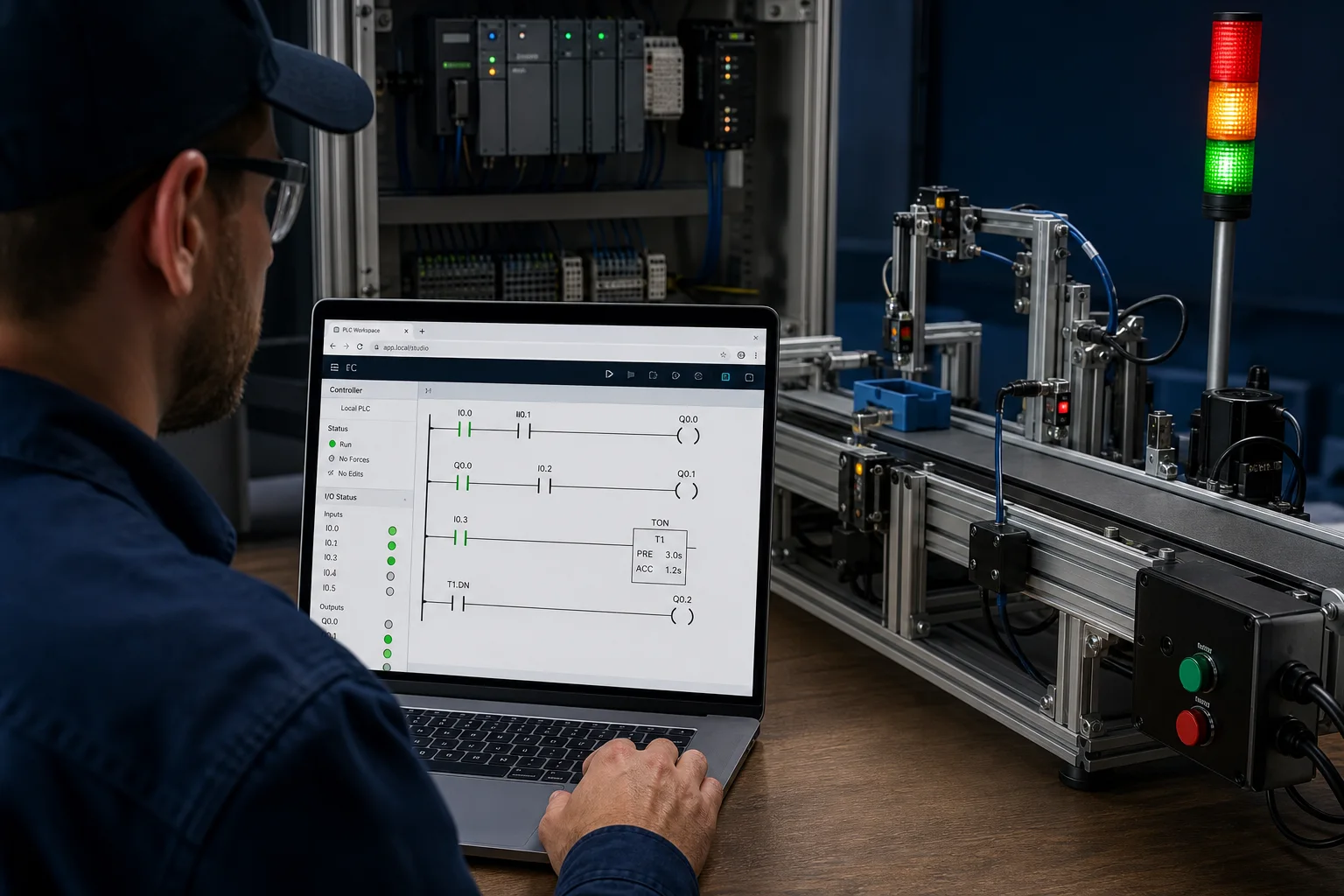 Controls technician running ladder logic in a browser-based PLC programming simulator beside a conveyor training cell