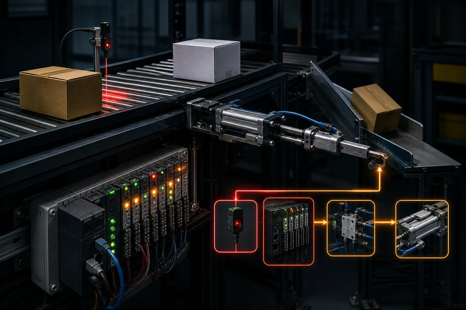 PLC-controlled conveyor sorter with photoelectric sensor, input module, pneumatic diverter and live signal path
