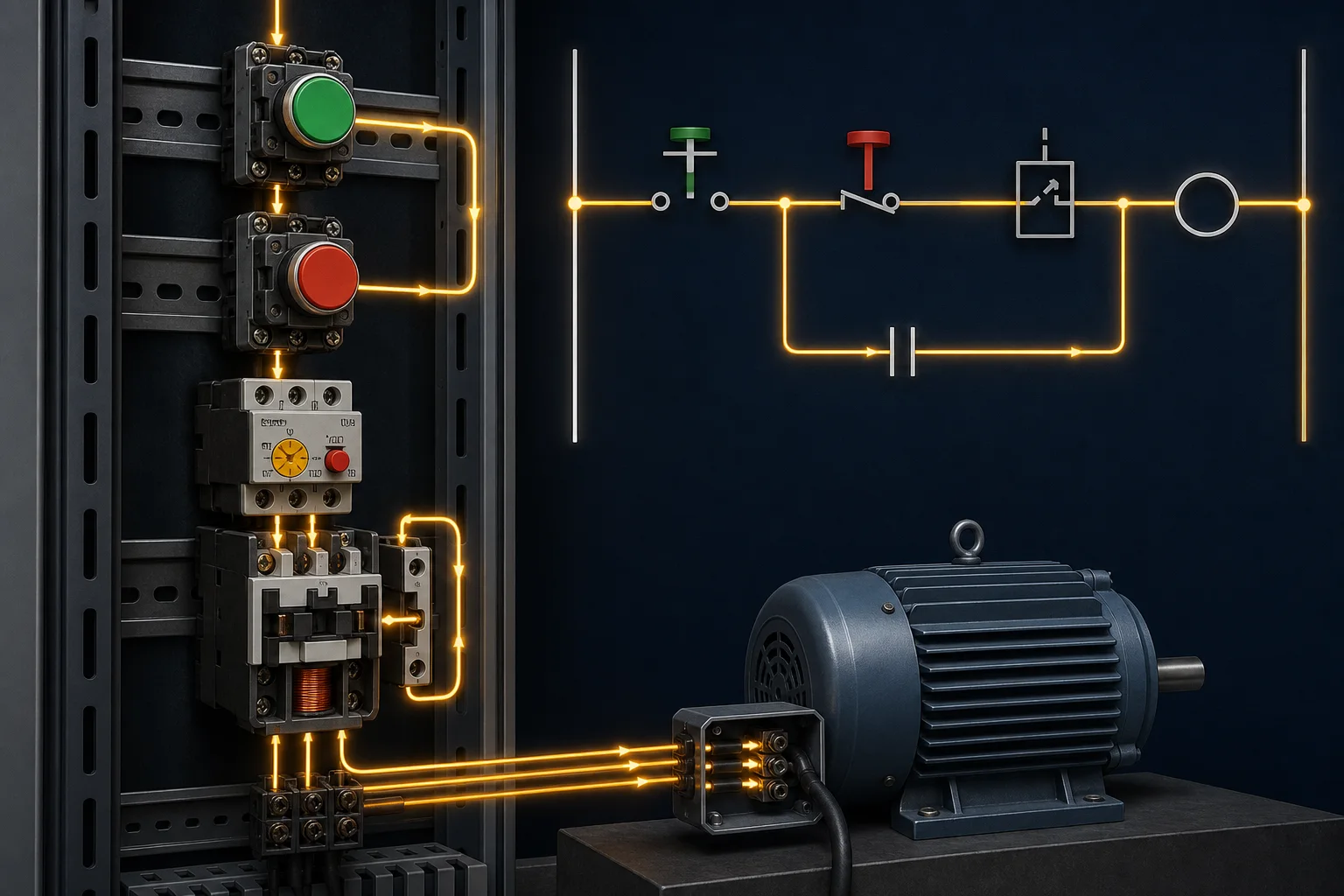 Three-wire motor start-stop circuit with overload, contactor, seal-in contact and ladder logic rung