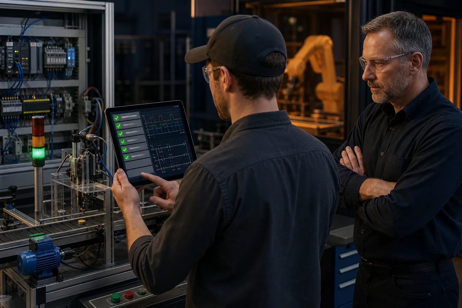 PLC programming skills assessment with automated test results, ladder logic and a working conveyor cell