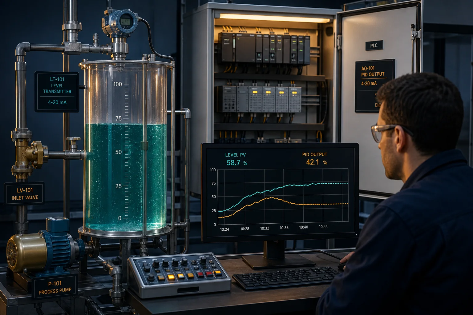 PLC tank level and PID programming lab with transmitter, control valve, pump and live process trend
