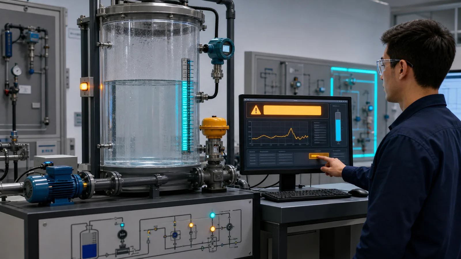 SCADA alarm response lab with transparent process tank level transmitter pump valve alarm banner and trend