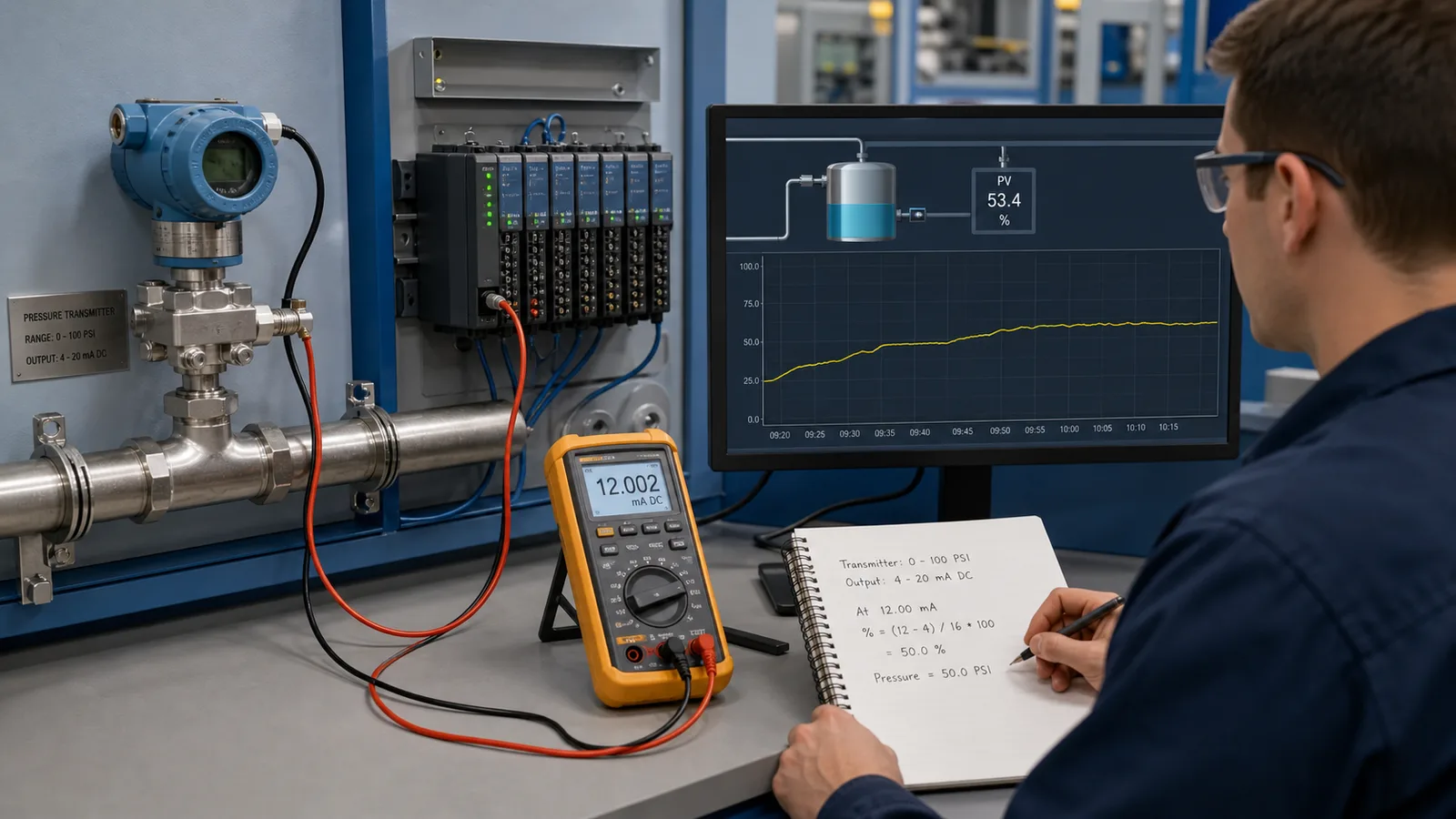 Four to twenty milliamp PLC SCADA lab with pressure transmitter analog input calibrator and engineering unit trend