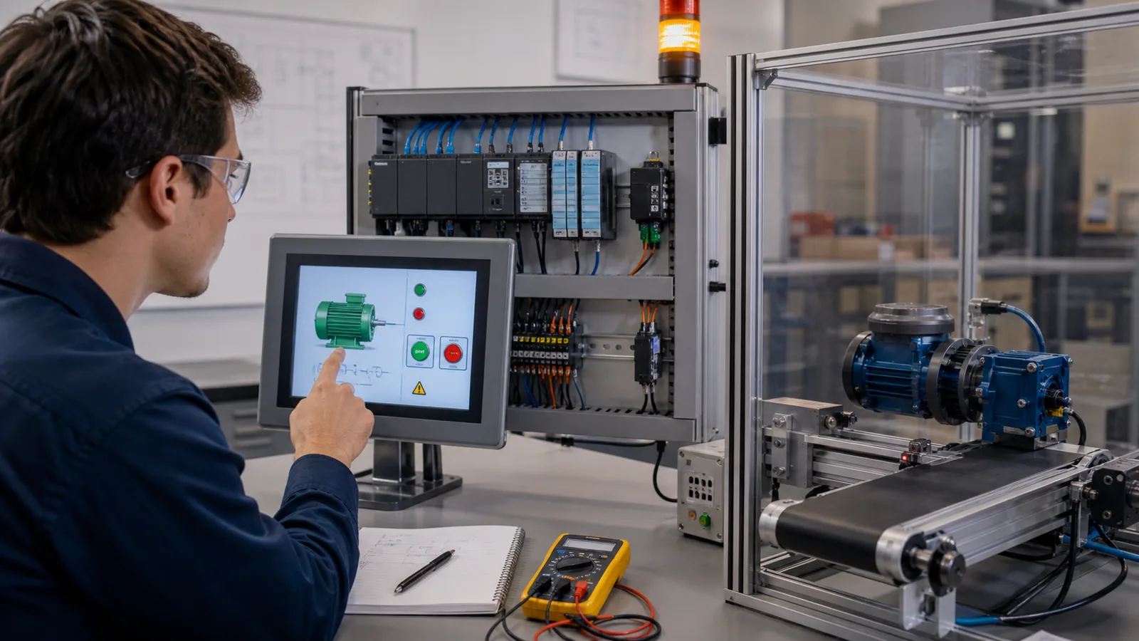 PLC SCADA learner binding an HMI motor control screen to a guarded conveyor training rig
