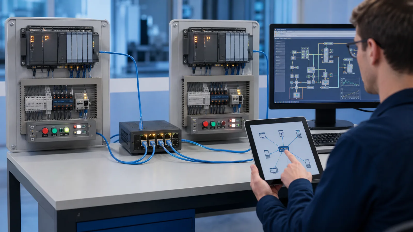 Industrial network lab connecting two PLC panels an Ethernet switch a SCADA workstation and a diagnostic tablet