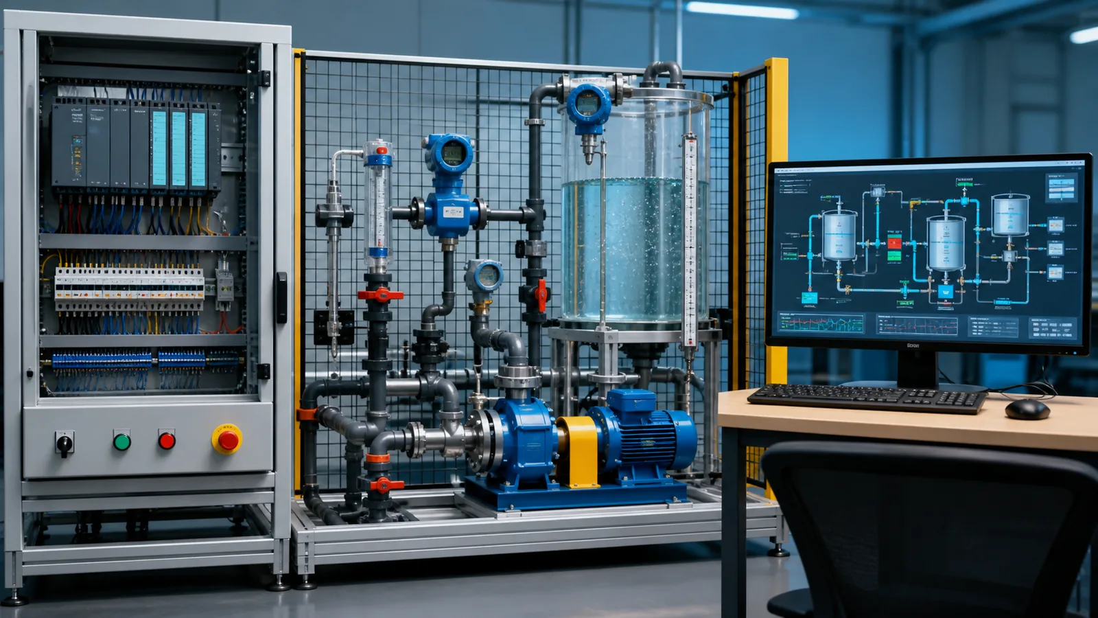 PLC and SCADA course process skid showing field instruments a PLC control cabinet and a supervisory workstation