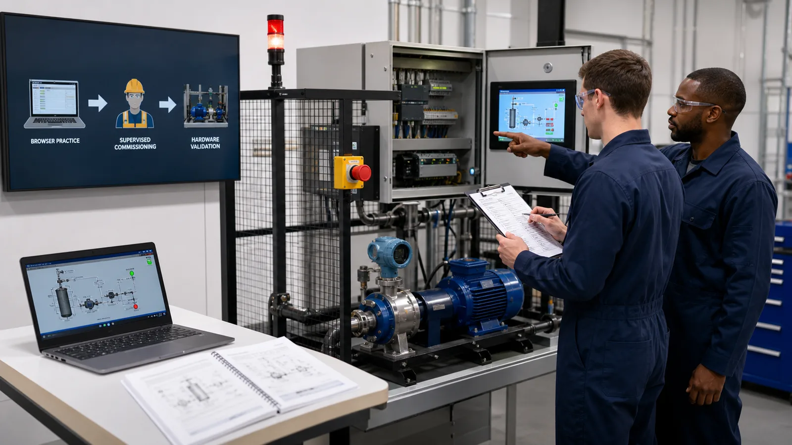 PLC SCADA learner and qualified instructor commissioning a guarded motor pump skid with HMI and emergency stop