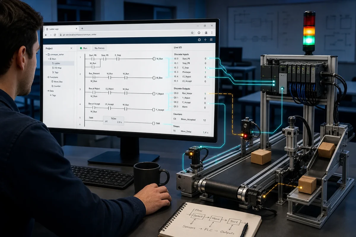 Browser PLC simulation software running ladder logic against a conveyor sorting training cell
