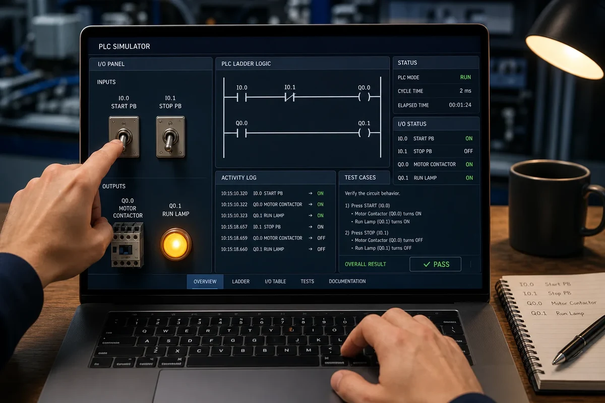 Learner toggling simulated PLC inputs while inspecting output state and objective motor-control tests