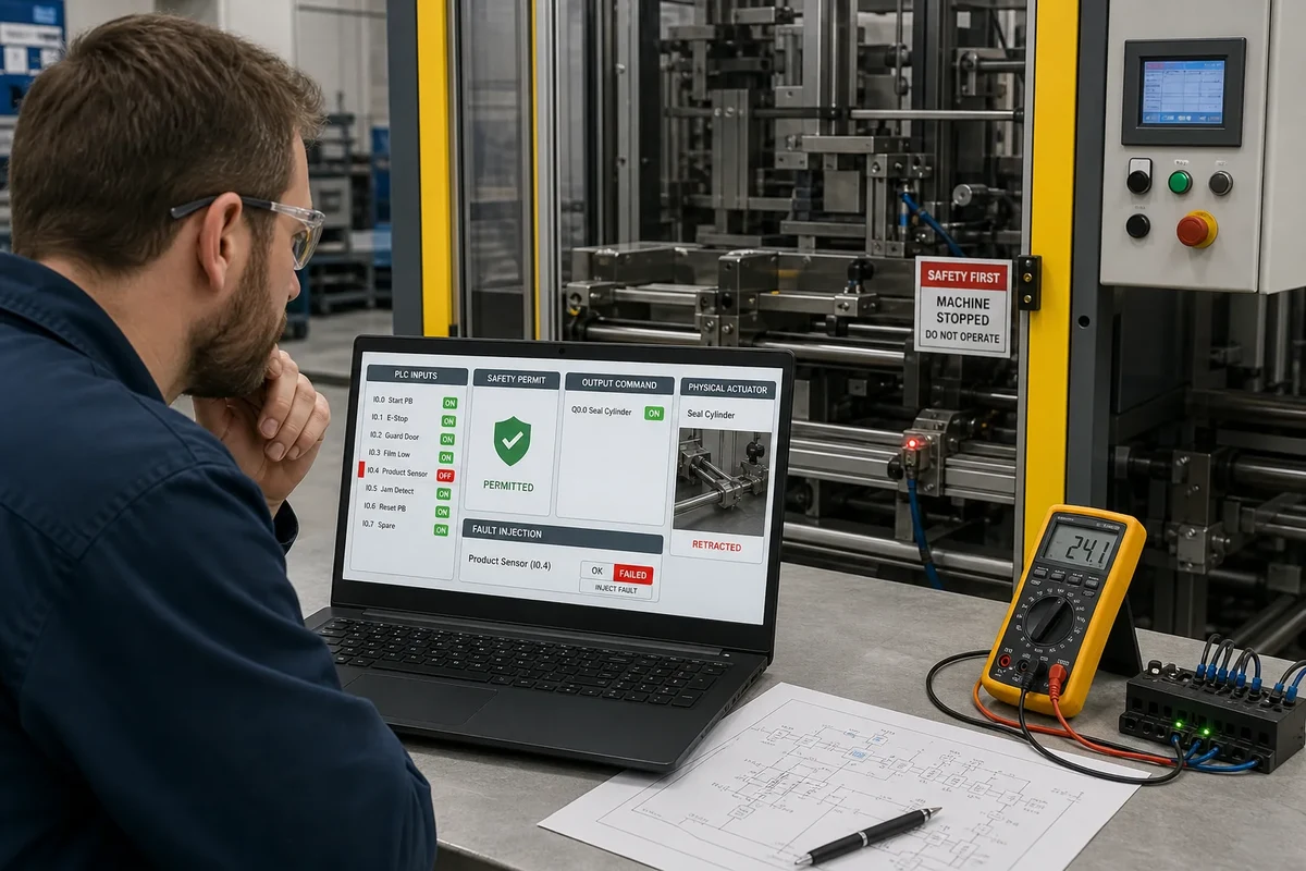 Technician diagnosing an injected PLC sensor fault using input, safety, output and physical-actuator evidence