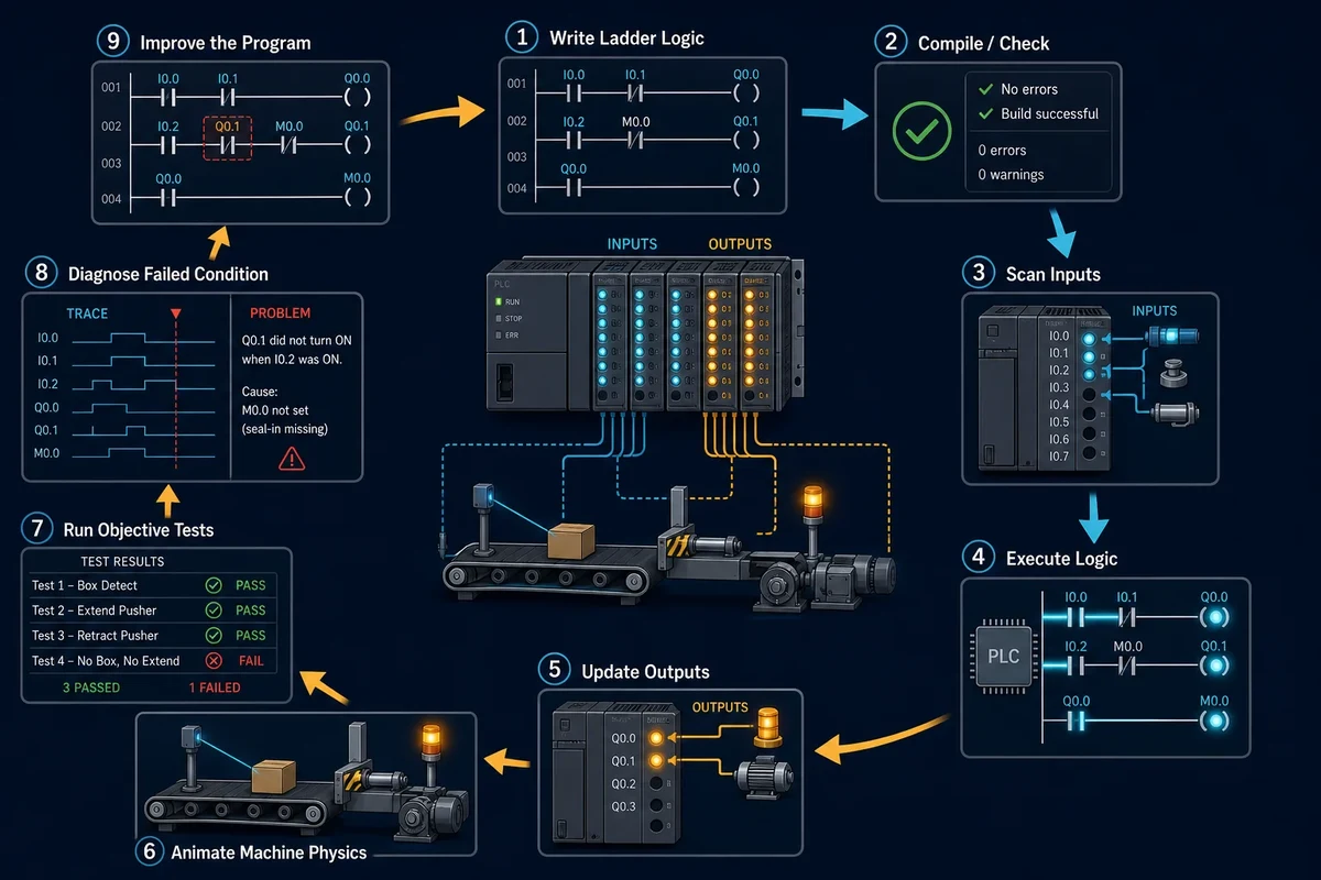 PLC simulation learning loop from writing ladder logic through scanning I/O, machine physics, testing and diagnosis