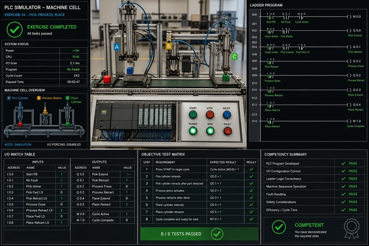 Completed PLC simulation exercise with working machine, ladder program, I/O watch table and objective test matrix