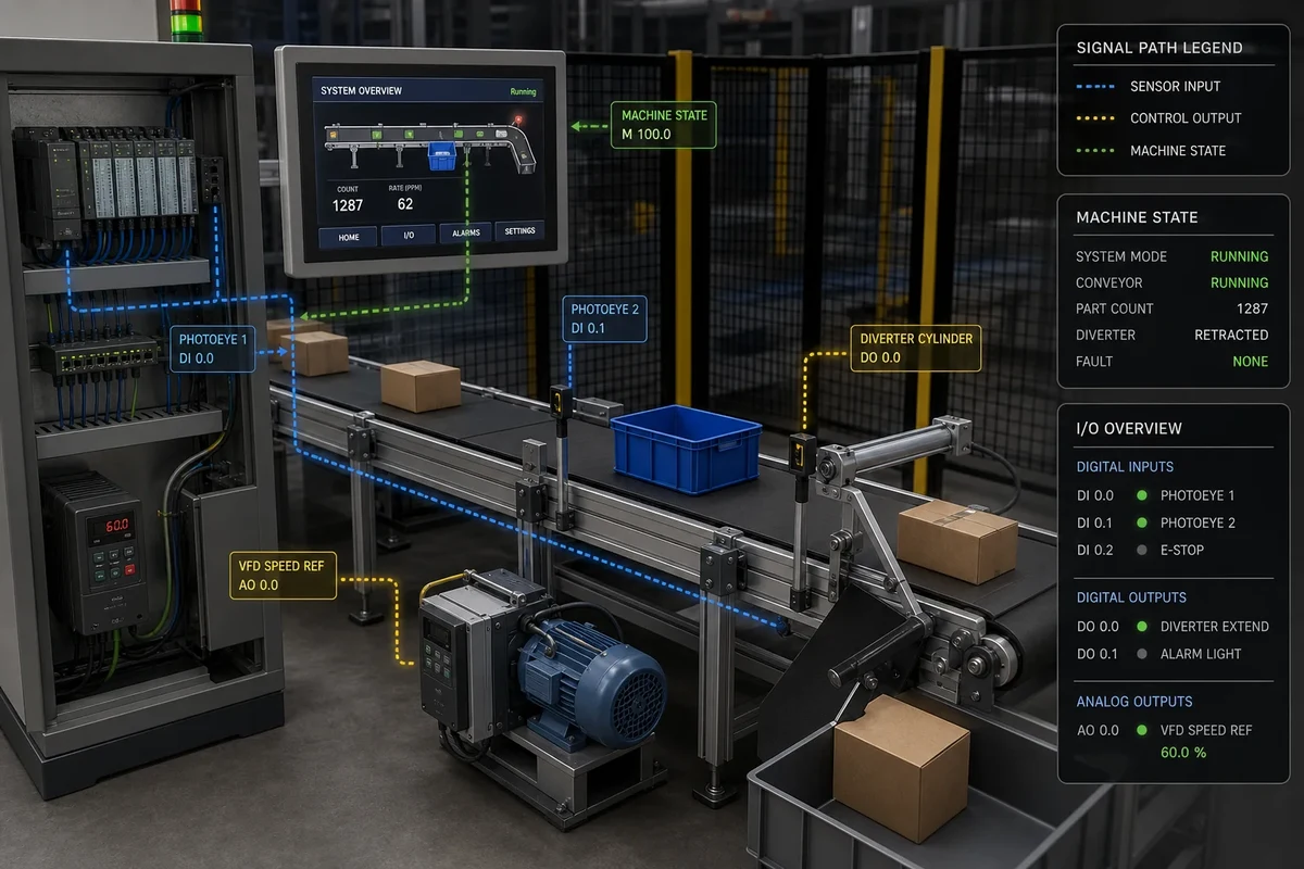 Three-dimensional PLC conveyor simulation with sensor inputs, VFD speed command, diverter output and HMI machine state