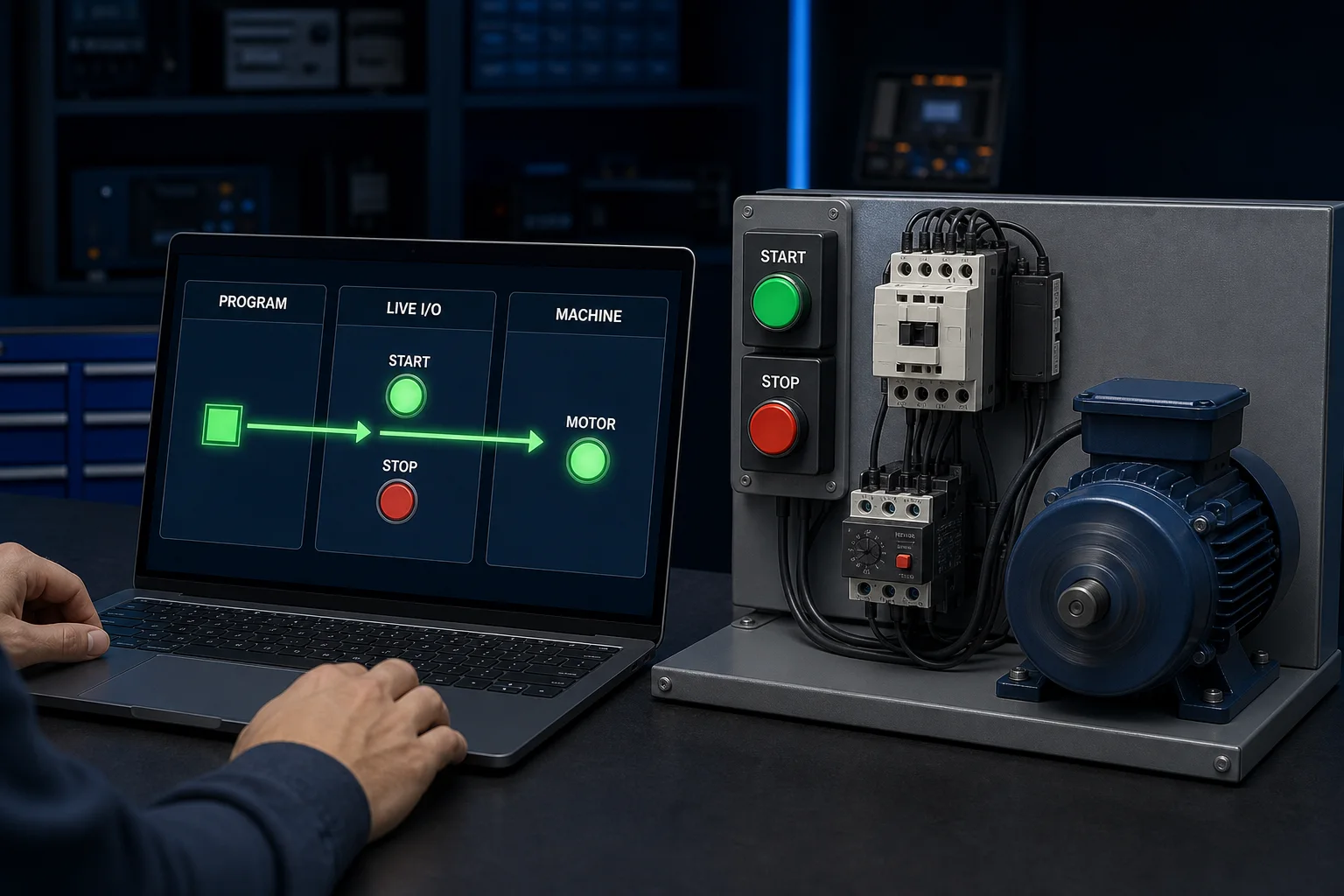 Browser PLC simulator workflow showing a program pane, live input and output indicators, and a running motor control training rig