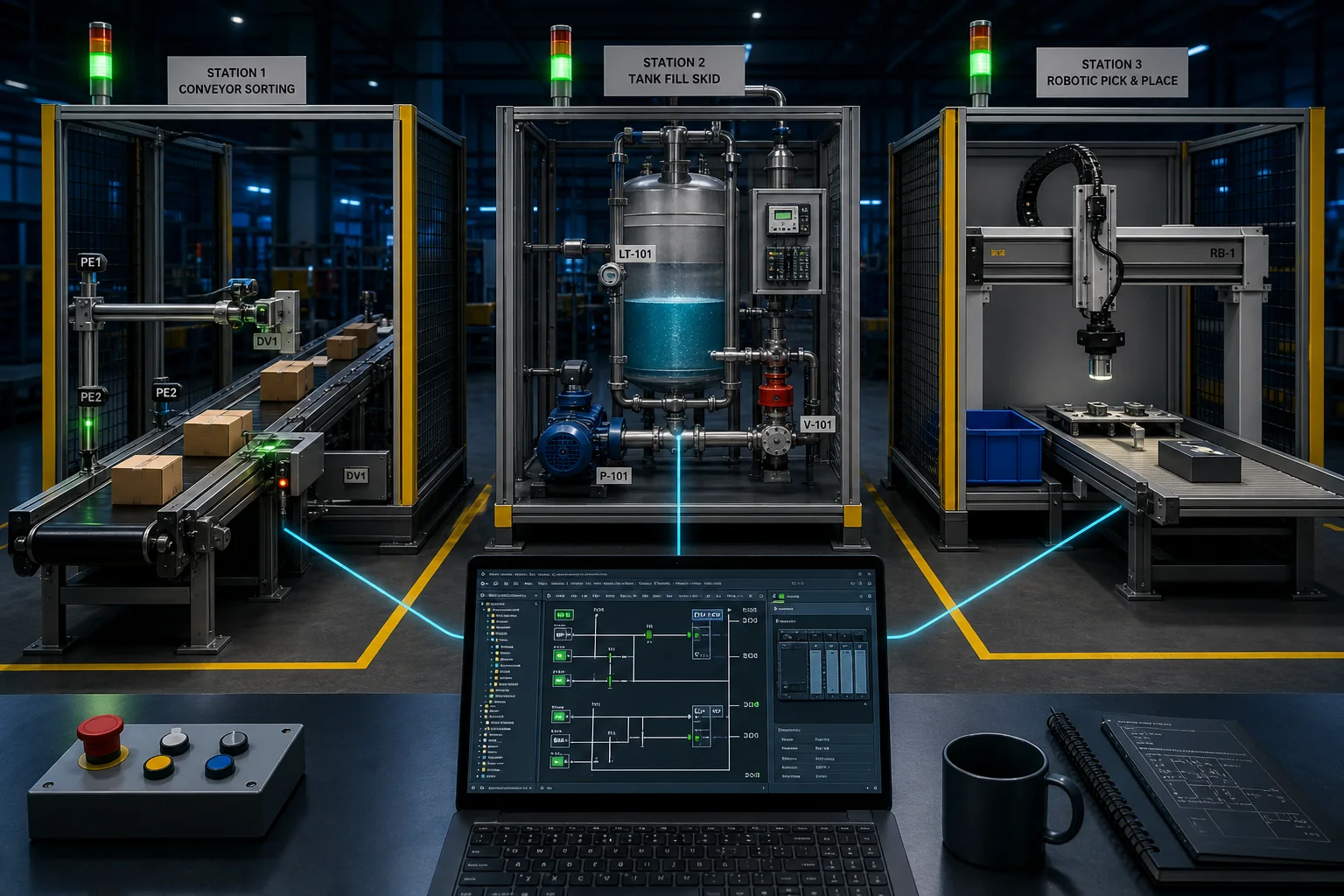 Industrial PLC simulation lab with conveyor sorting, tank filling and robotic pick-and-place stations controlled from a laptop