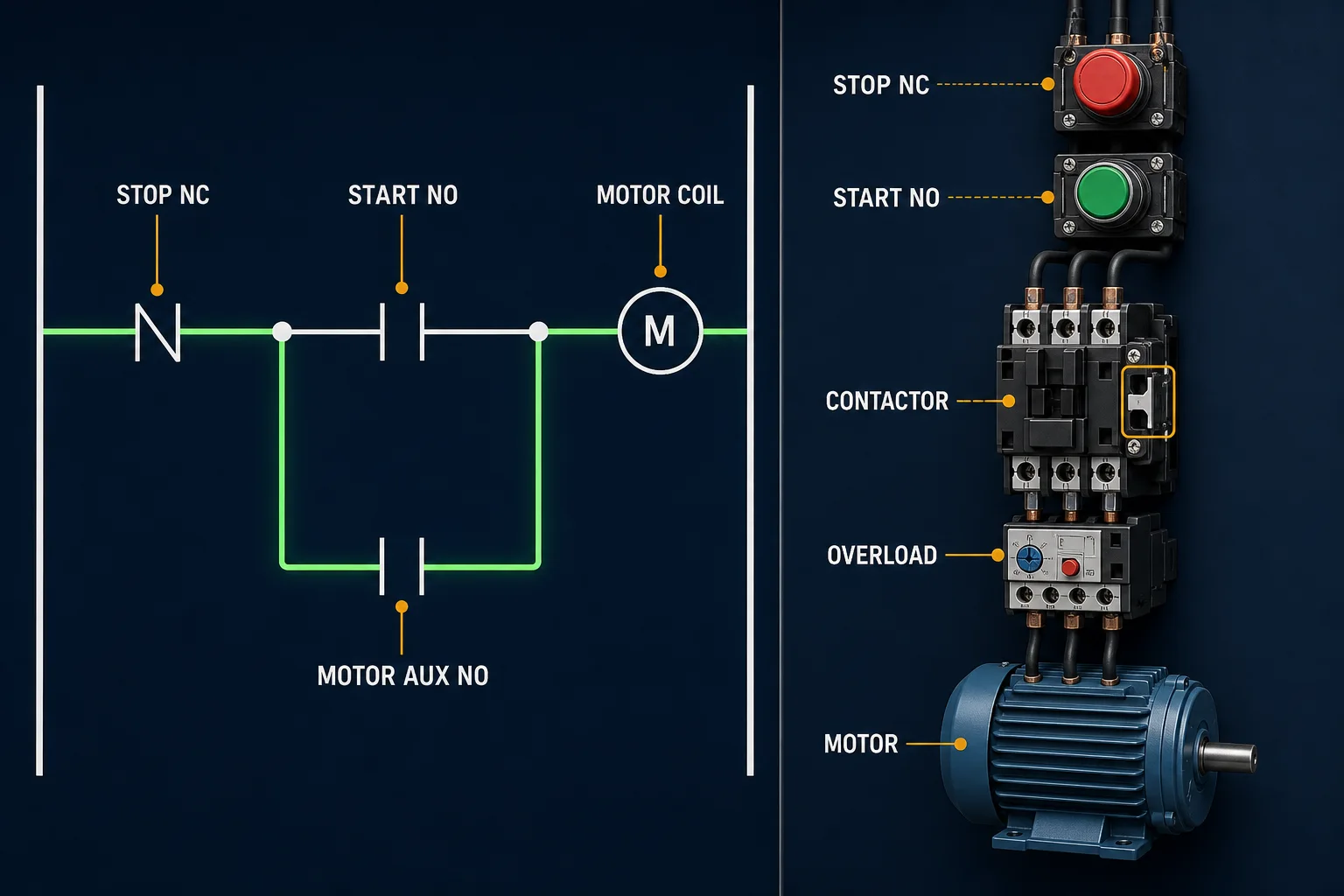 Accurate motor seal-in ladder circuit with stop normally closed, start normally open, motor auxiliary contact, motor coil, contactor and overload