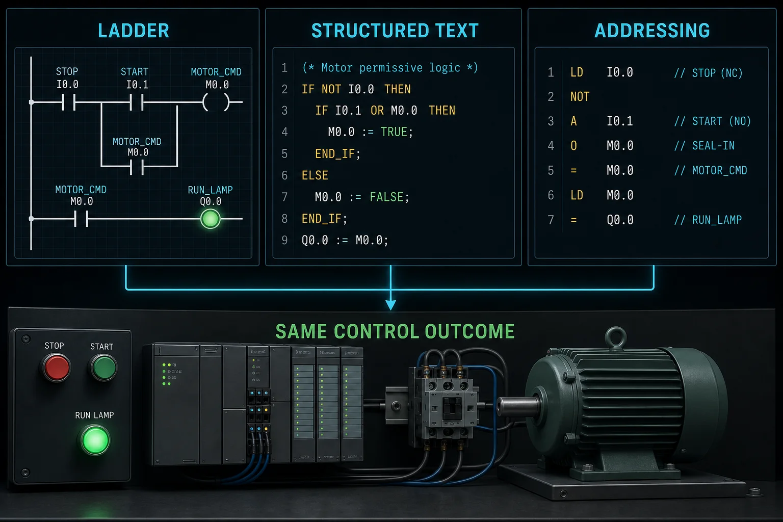 PLC programming comparison showing ladder logic, Structured Text and address notation producing the same motor control outcome