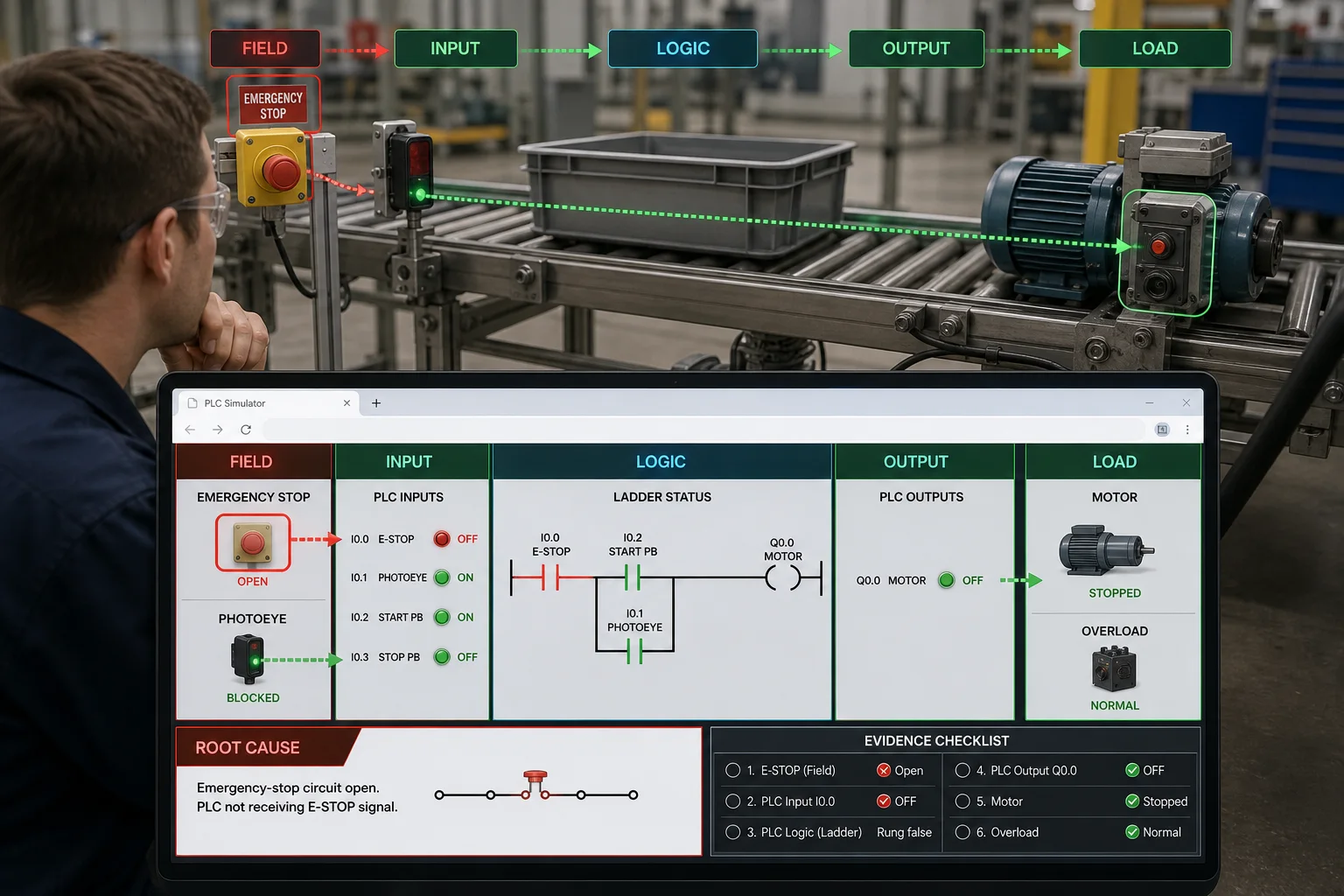 PLC troubleshooting lesson tracing a conveyor start failure from emergency stop through input, ladder logic, output and motor load