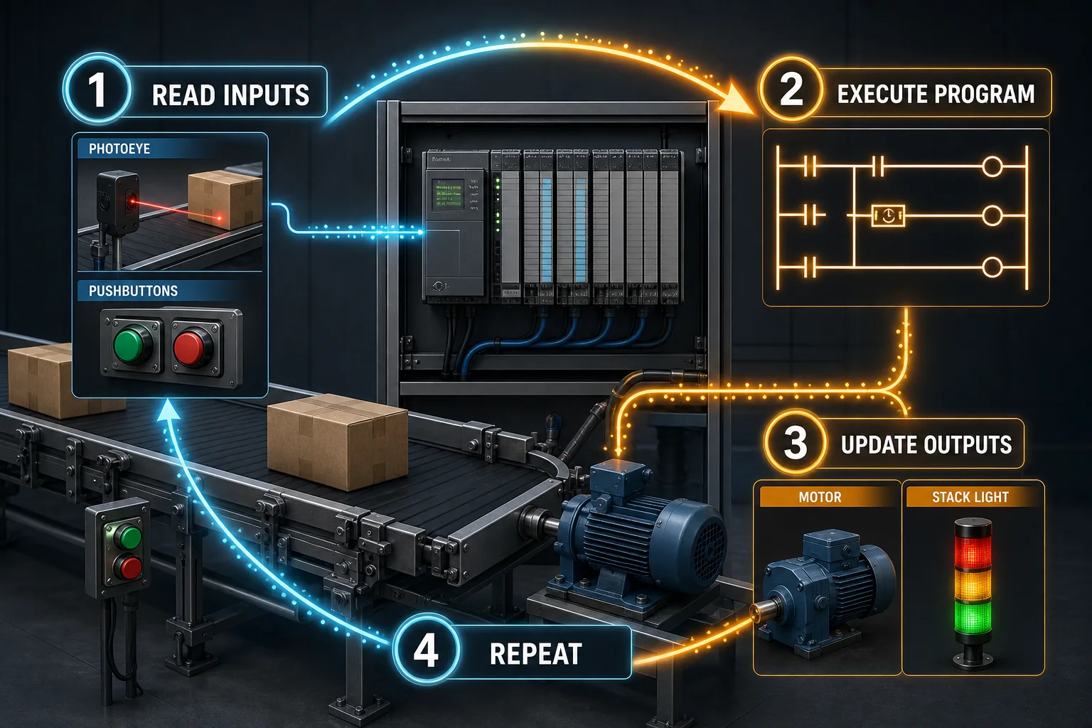PLC scan cycle diagram showing photoeye and pushbutton inputs, program execution, motor and stack-light outputs, and the repeating cycle