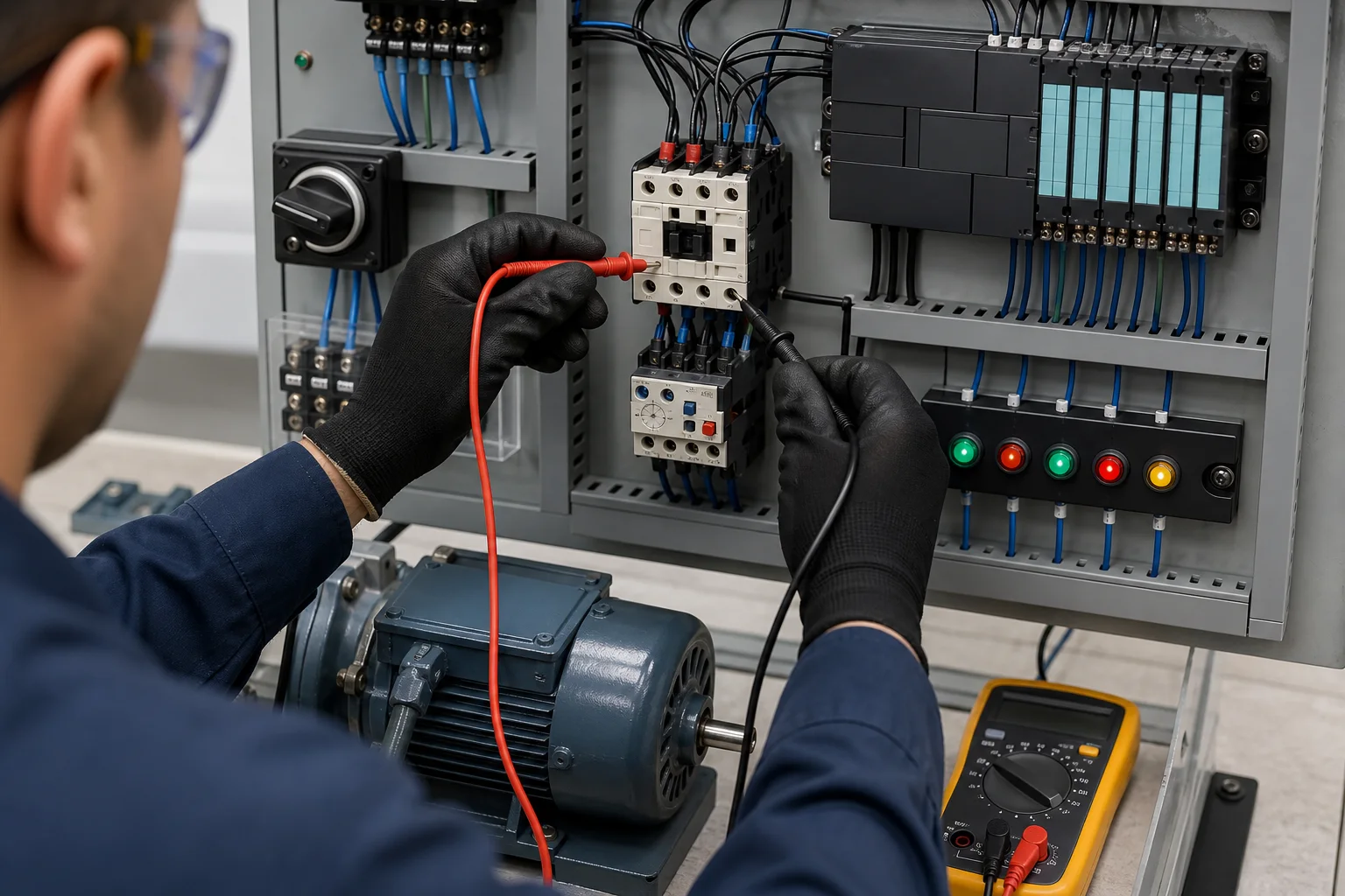 Technician measuring a motor contactor coil while checking the thermal overload relay