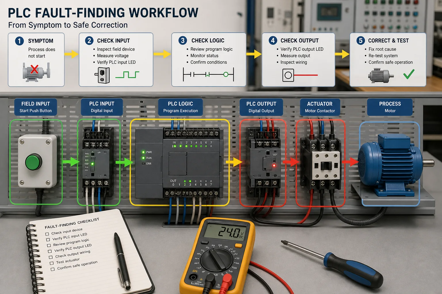 PLC fault-finding workflow from field input through controller logic and output to the motor