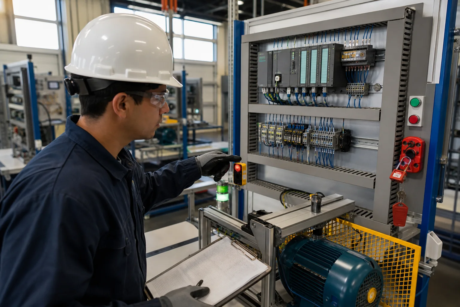Technician checking a proximity sensor and PLC input state during an I/O checkout