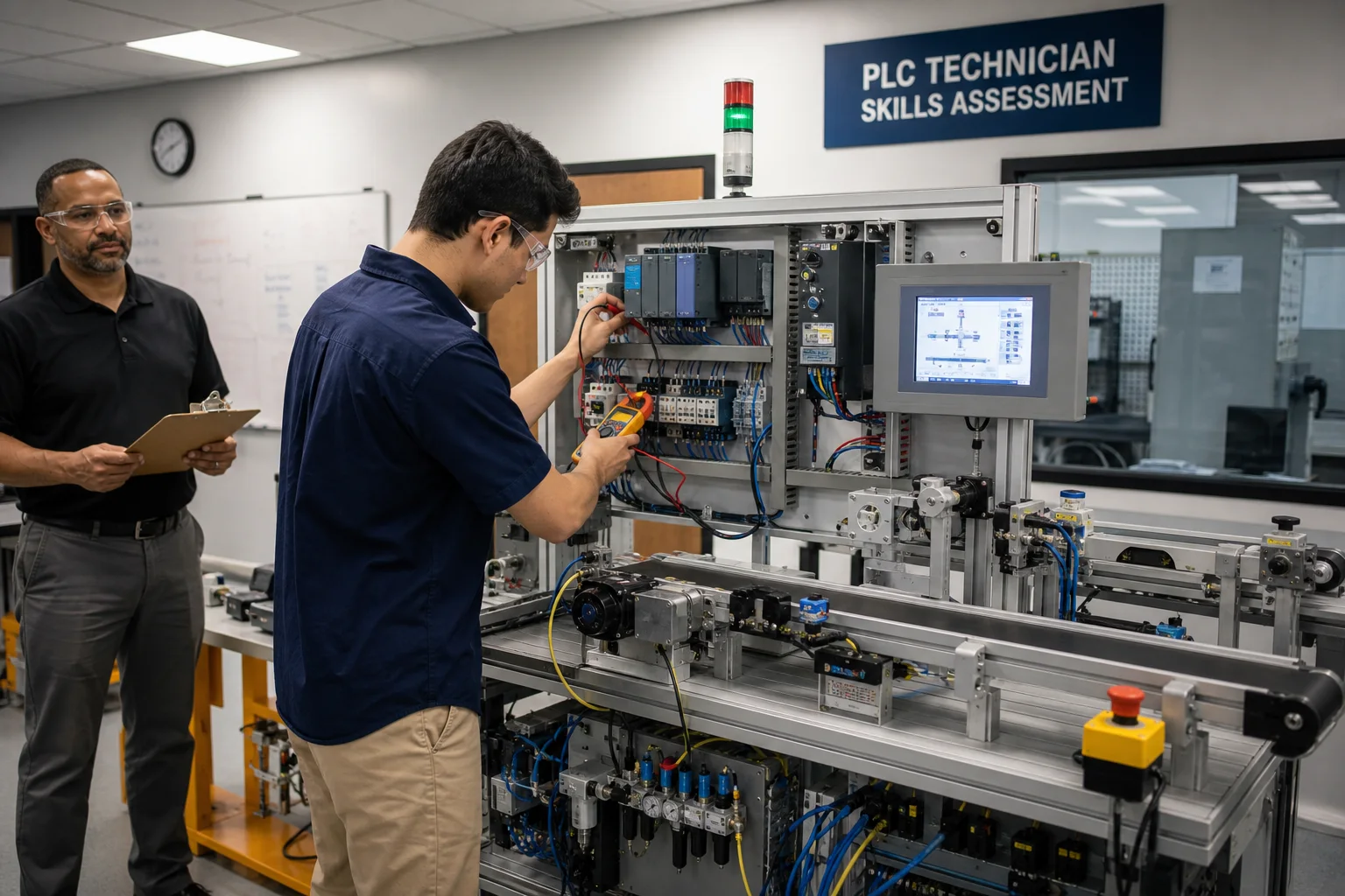 PLC technician skills assessment on a conveyor training cell with PLC, HMI and field devices