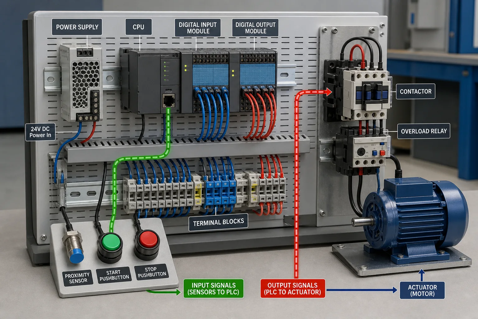 PLC training system showing power supply, CPU, digital I/O, terminal blocks, contactor, overload and motor