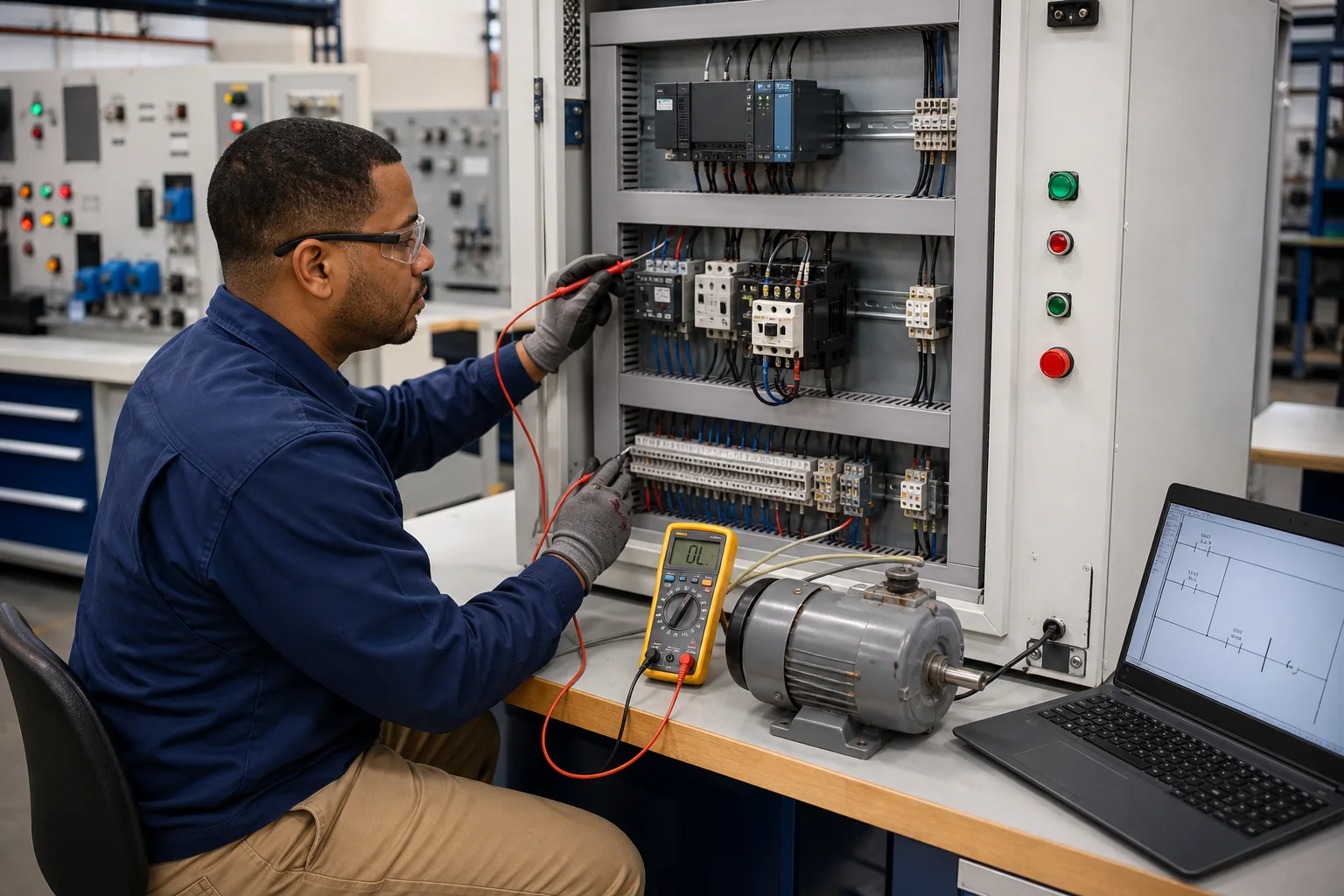 PLC technician tracing a motor-control fault between the controller, contactor and training motor