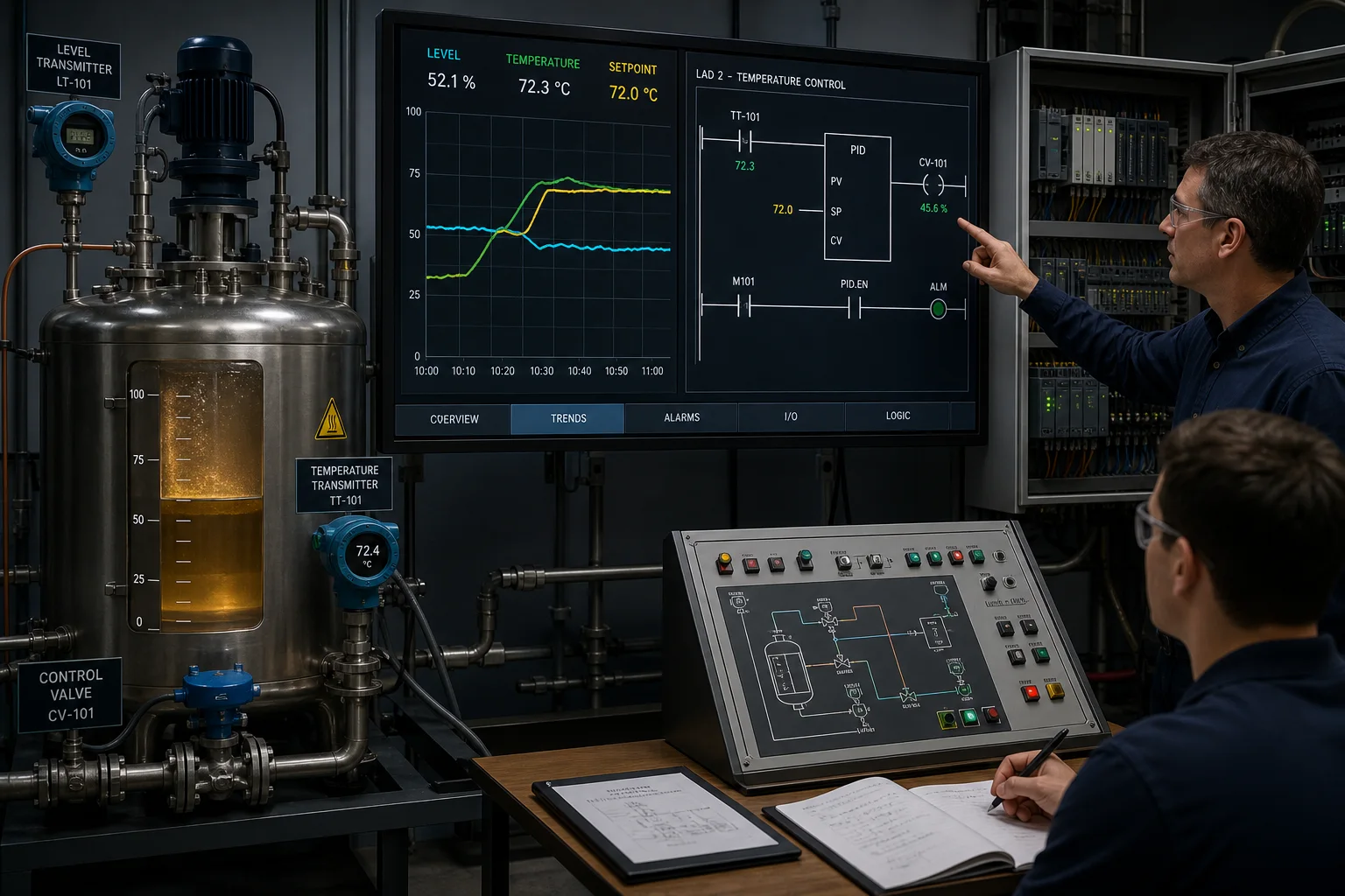 Advanced PLC process-control training with temperature and level transmitters, PID logic, valve and live trend