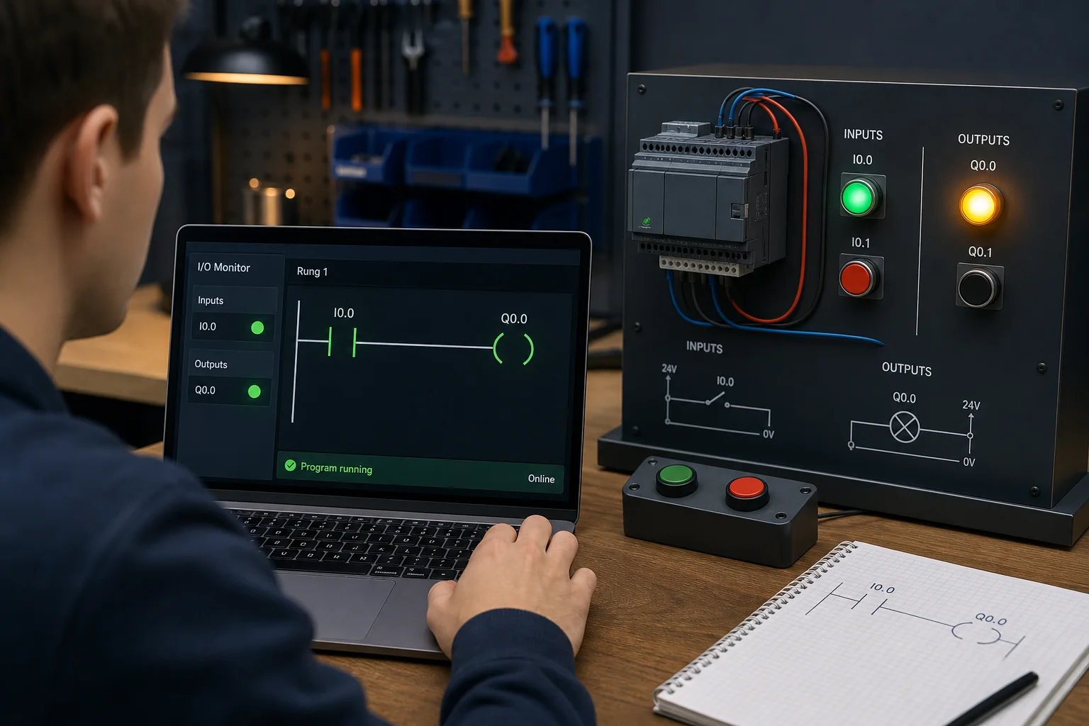 Beginner PLC training lab with one switch input, one lamp output and a live ladder logic rung