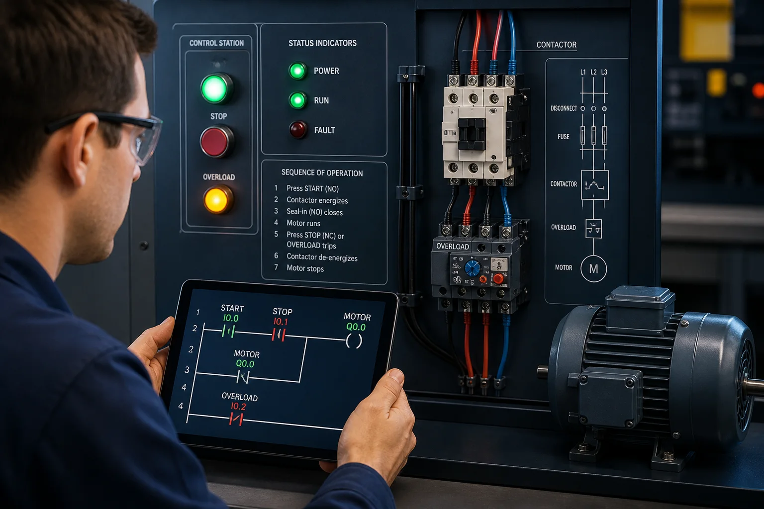 PLC motor-control training with start, stop, overload, seal-in logic, contactor and induction motor