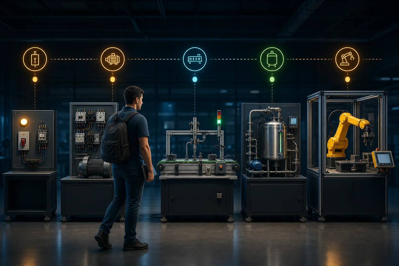PLC training progression from switch and lamp through motor control, conveyor, process tank and robot cell
