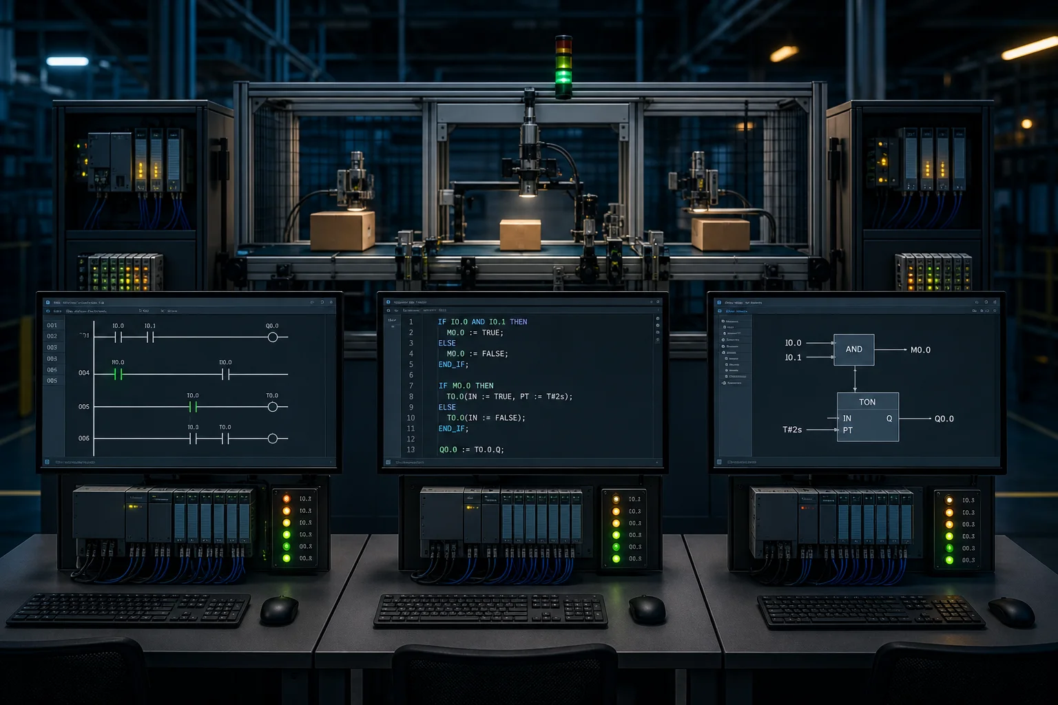 Three PLC programming representations controlling the same conveyor training cell and I/O