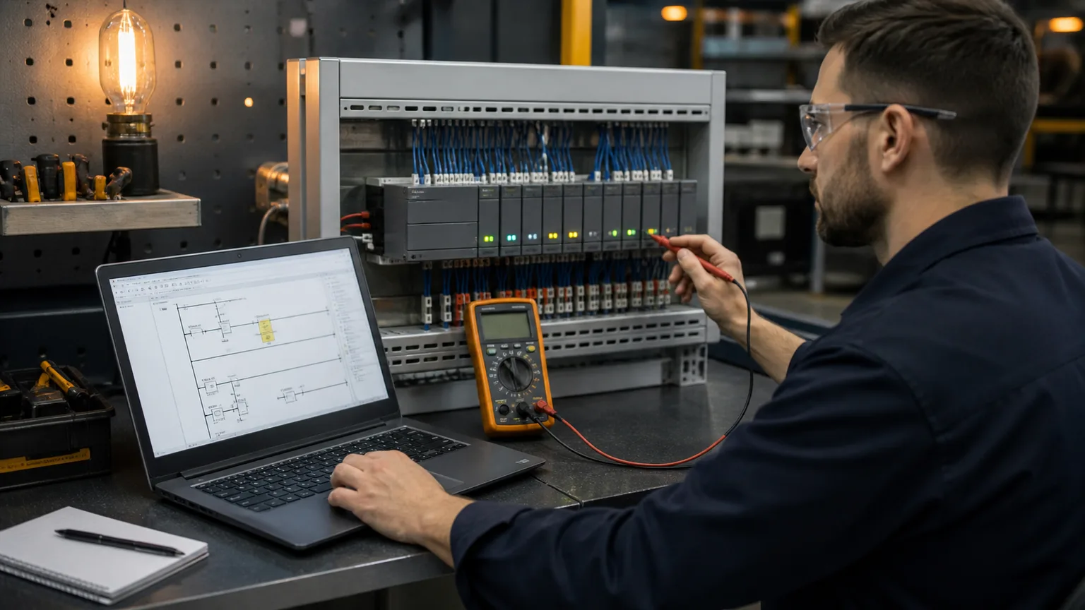 Controls technician comparing PLC input module LEDs, ladder logic tag status and multimeter readings at a training panel