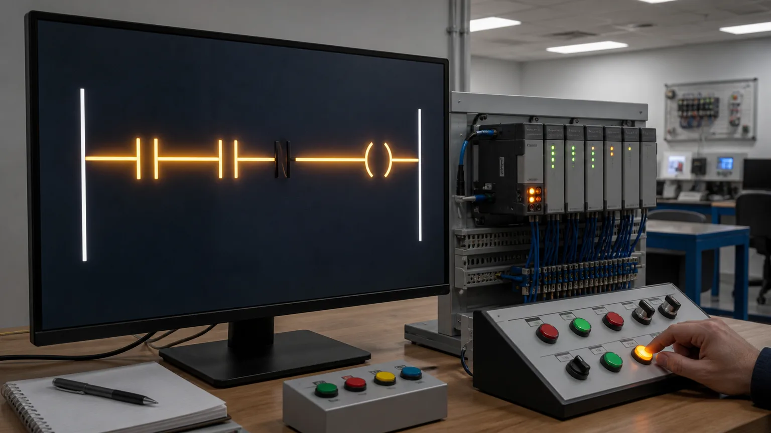 PLC ladder rung with one dark series contact blocking an otherwise energised motor output path