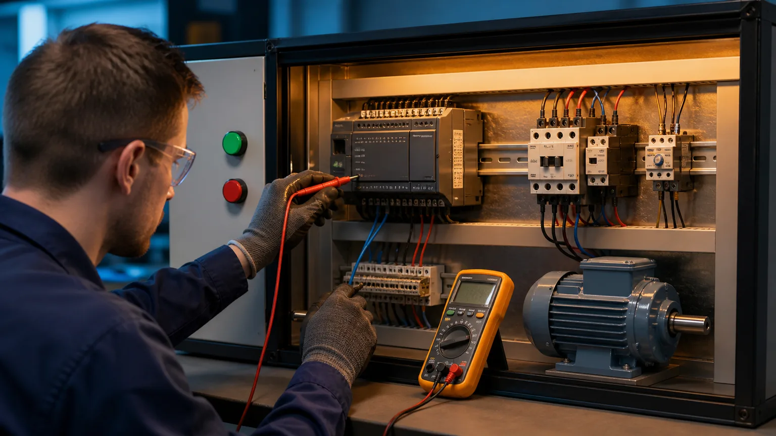Technician diagnosing a motor no-start circuit across PLC, contactor, overload and terminal zones
