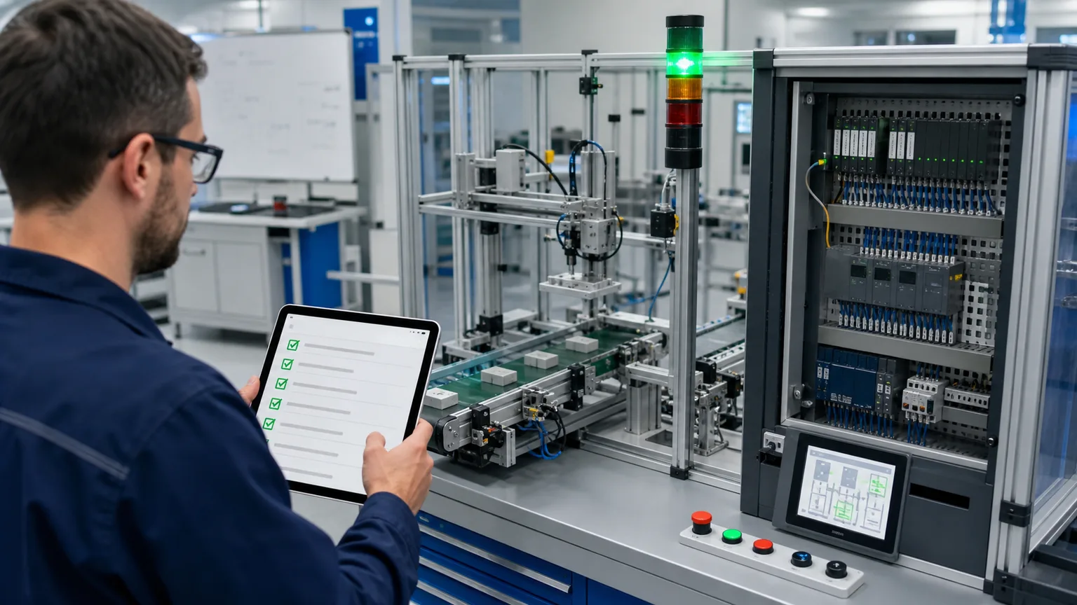 Technician verifying a repaired automated conveyor cell with green status checks on a tablet