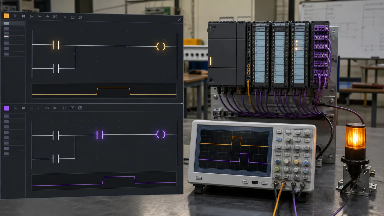 PLC scan-order diagnostic display comparing ladder execution with delayed input and output waveforms
