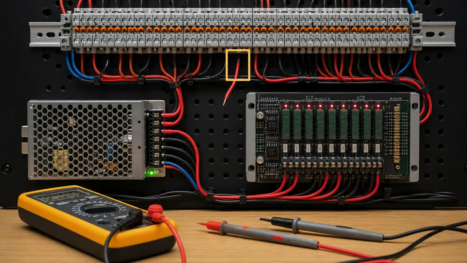 Open field wire highlighted on an industrial terminal strip beside a PLC and digital multimeter
