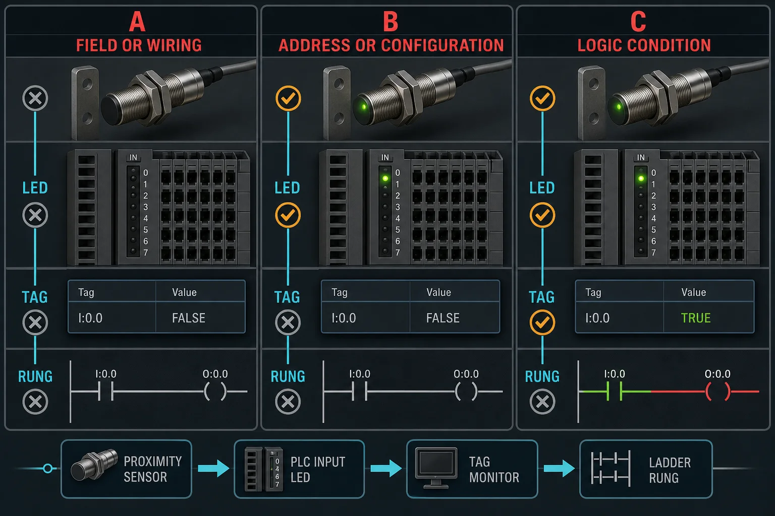 PLC input fault comparison using proximity sensor state, input card LED, software tag and ladder rung to separate field, configuration and logic faults