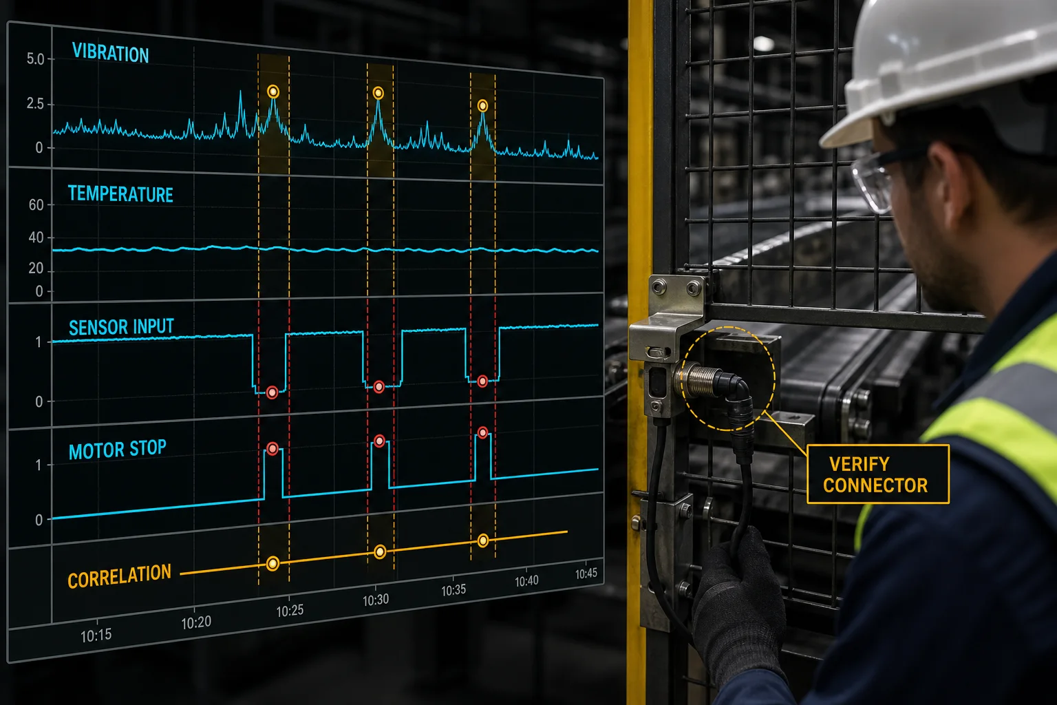 Intermittent PLC sensor fault trend correlating vibration spikes, input dropouts and motor stops before verifying a loose connector
