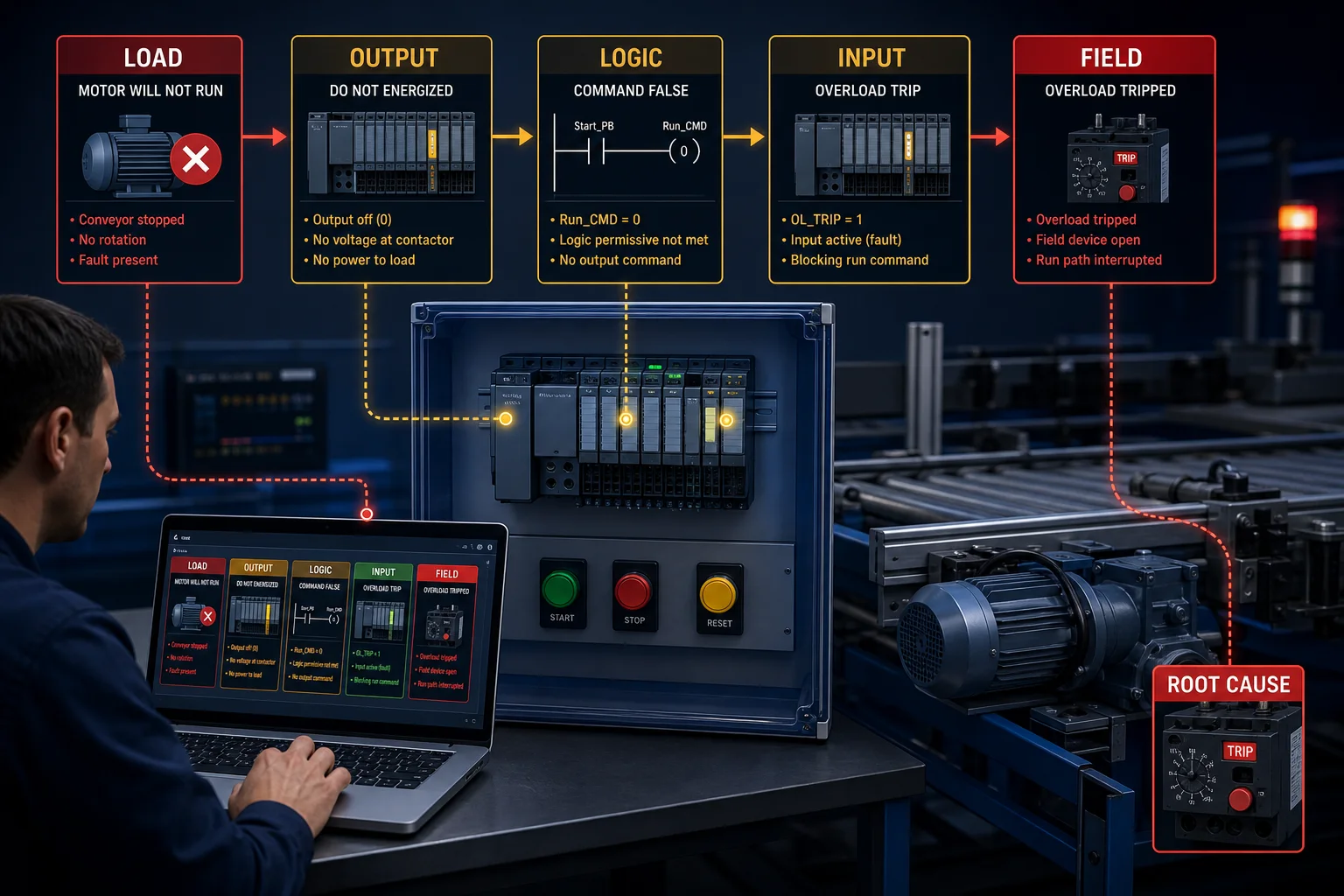PLC troubleshooting workflow tracing a stopped conveyor motor through output, ladder logic, input and field overload trip to the root cause