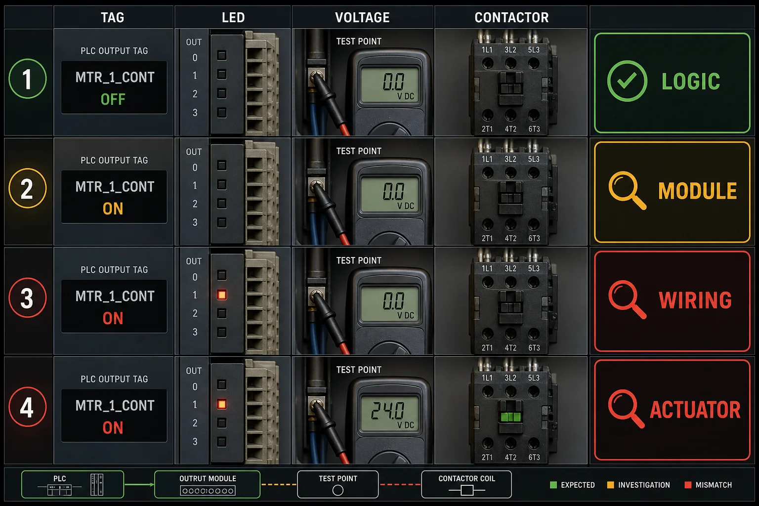 PLC output troubleshooting matrix comparing output tag, module LED, control voltage and contactor state
