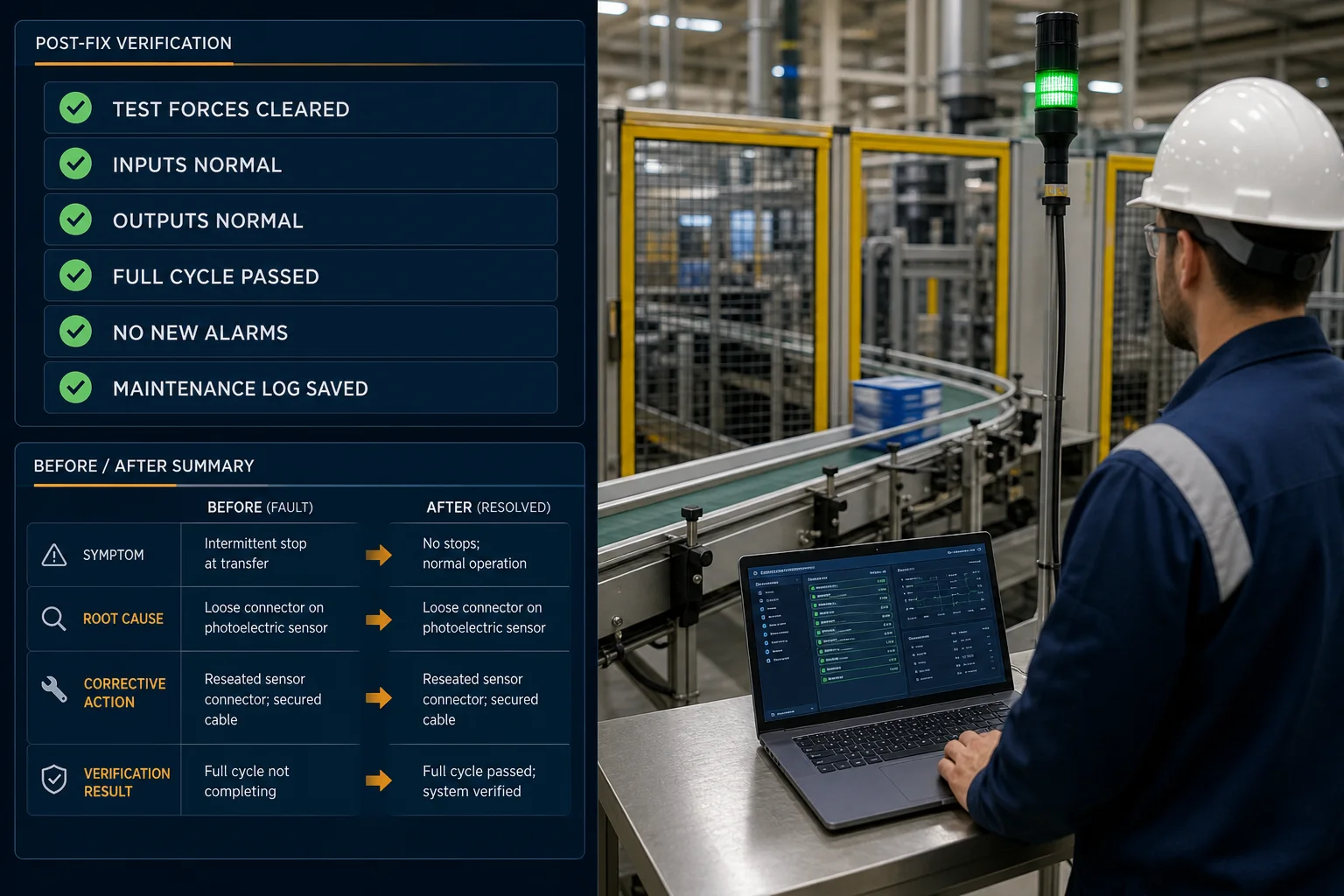 Post-fix PLC troubleshooting verification checklist with forces cleared, full conveyor cycle passed, no new alarms and maintenance log saved