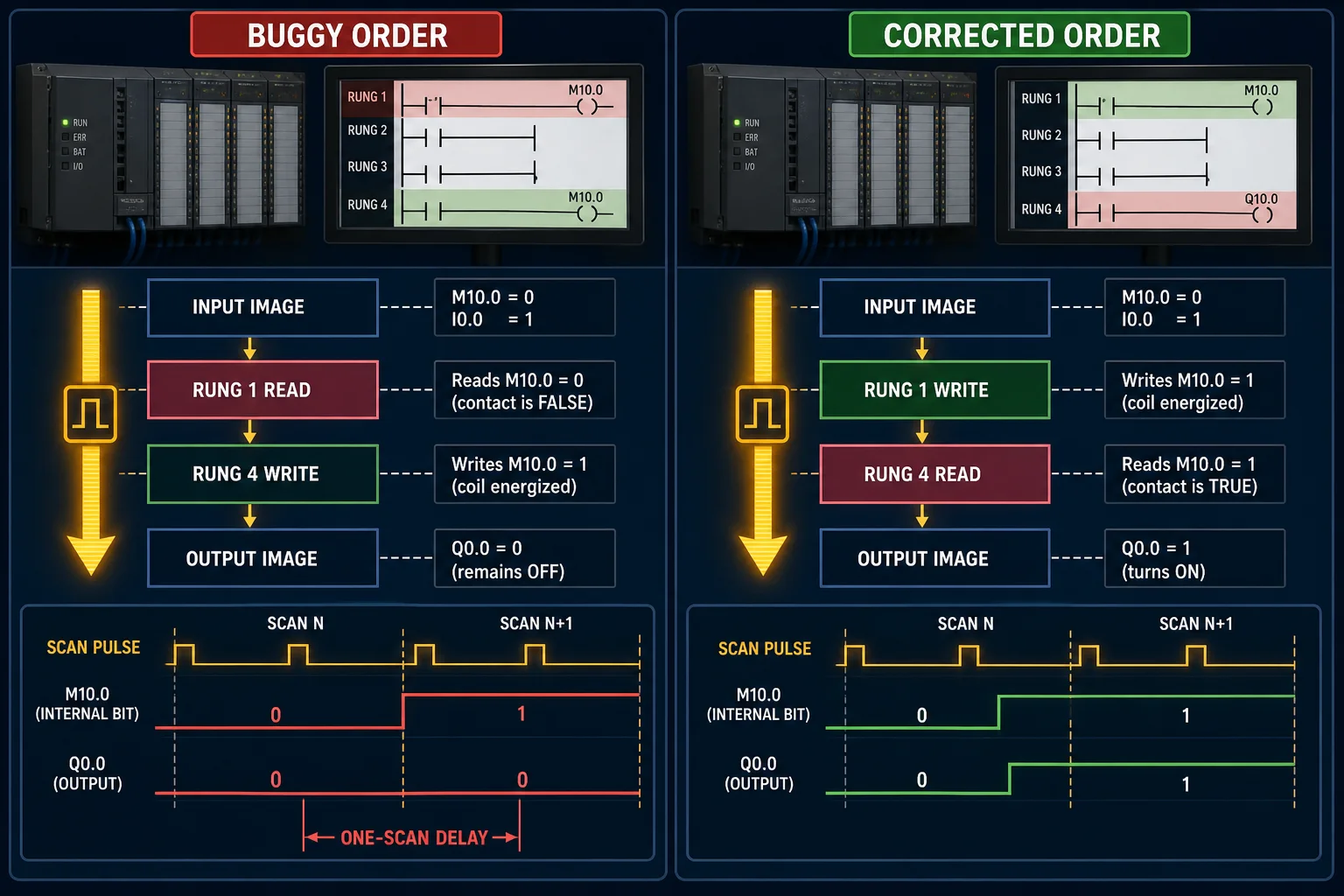 PLC scan-order fault diagram comparing an internal bit read before write with corrected rung order and showing a one-scan output delay