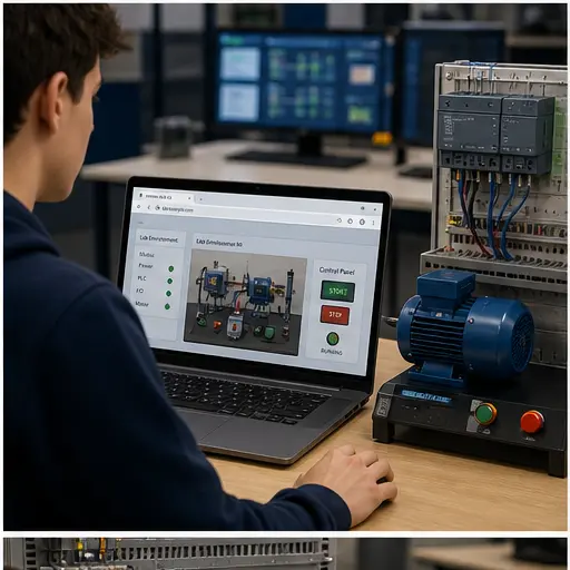 Student running an online PLC motor-control lab beside a compact training station