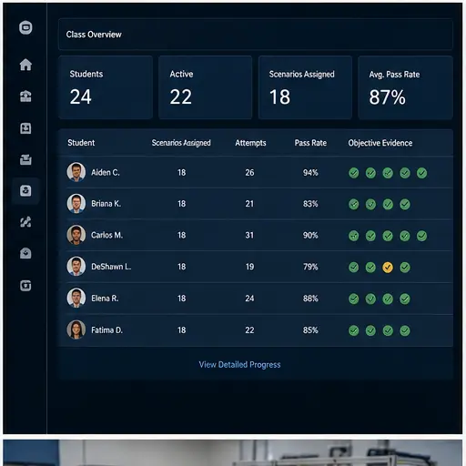 PLC virtual-lab instructor dashboard with students assignments attempts pass rates and objective evidence