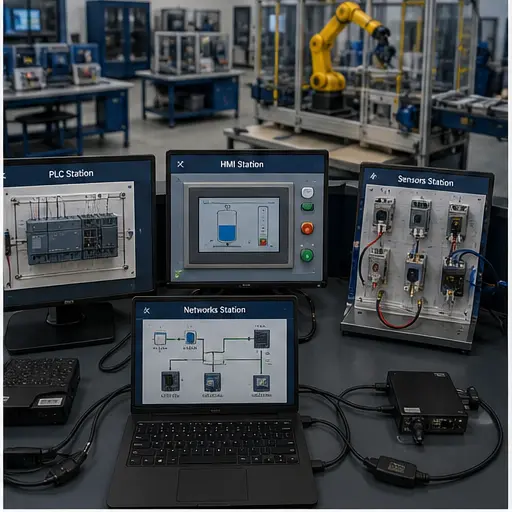 Virtual automation curriculum covering PLC HMI sensors industrial networks and robotics practice